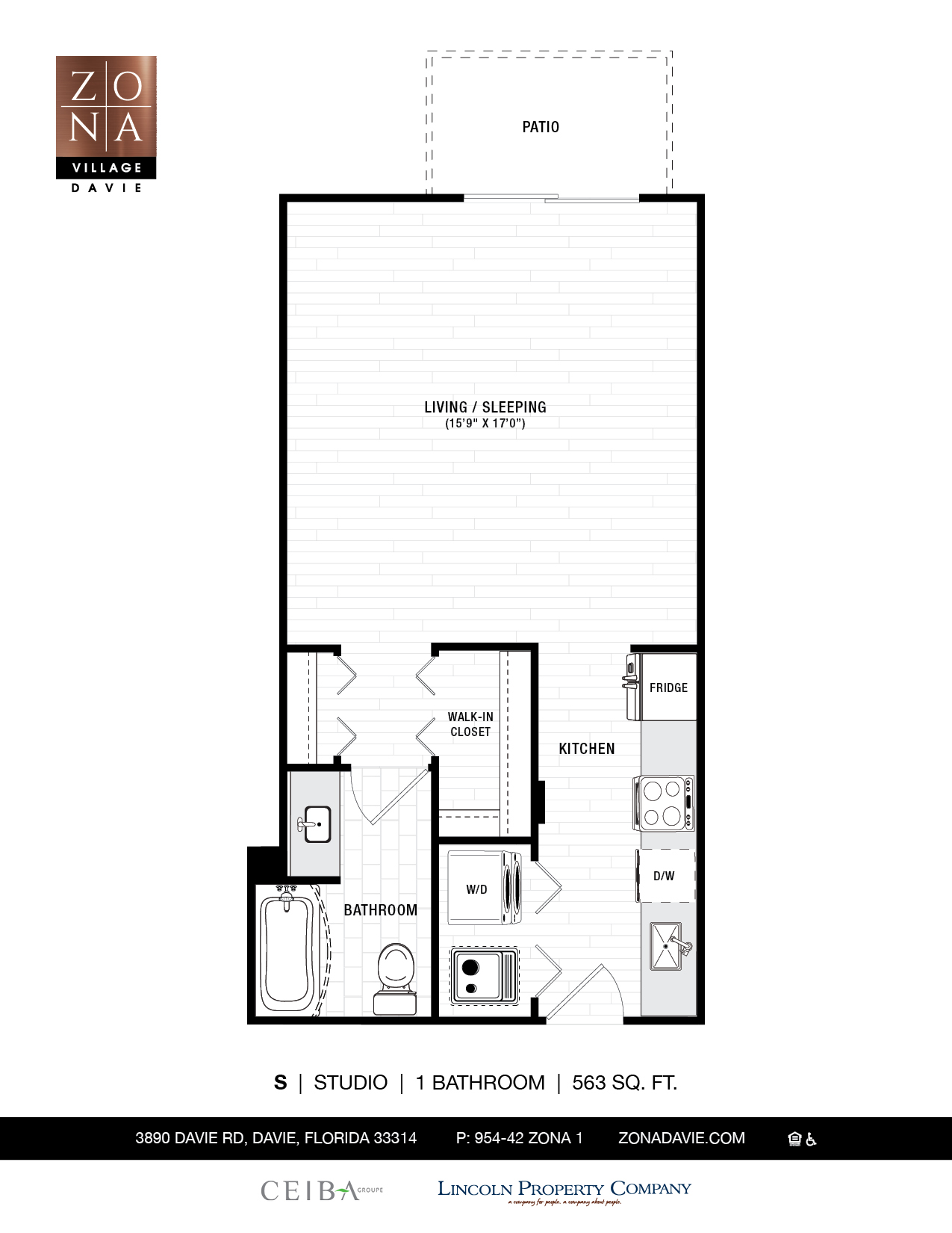 Floor plan for studio, 1 bath, 563 sqft